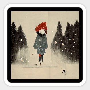 Image of girl in a big red toque walking in the snow as the flakes begin to fall. Sticker
